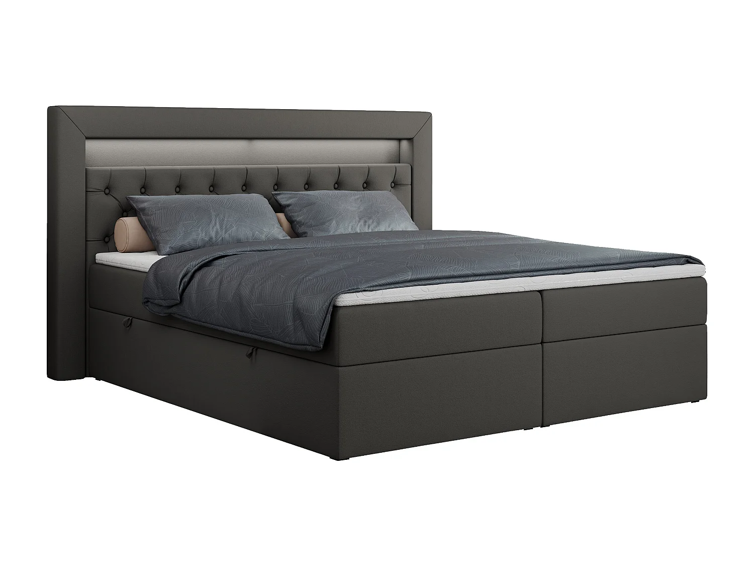 Boxspringbett GOLD 6, Doppelbett mit Stauraum, LED-Beleuchtung, gesteppte Kopfstütze - 120x200 cm - H3 - Dunkelgrau Kunstleder