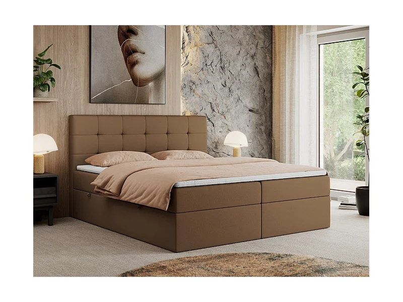 Boxspringbett CENTOS mit gestepptem Kopfteil, Multipocket-Matratze, Doppelbett mit Stauraum - 160x200 cm - H3 - Braun Kunstleder