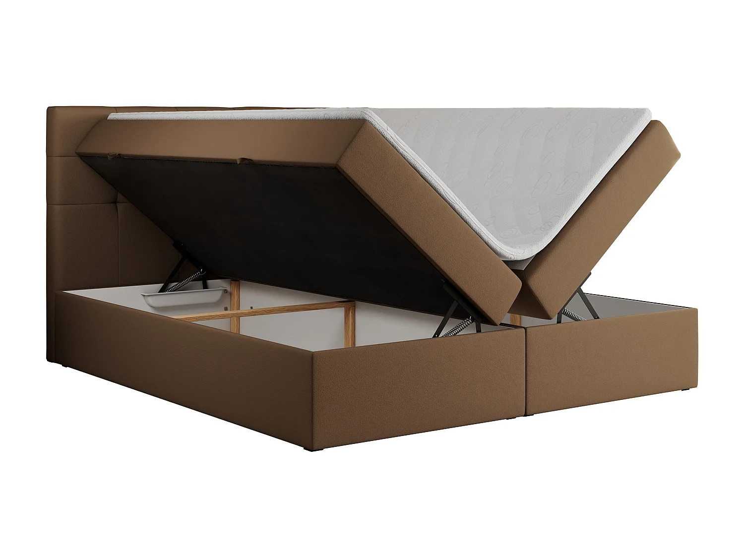 Boxspringbett CENTOS mit gestepptem Kopfteil, Multipocket-Matratze, Doppelbett mit Stauraum - 160x200 cm - H3 - Braun Kunstleder