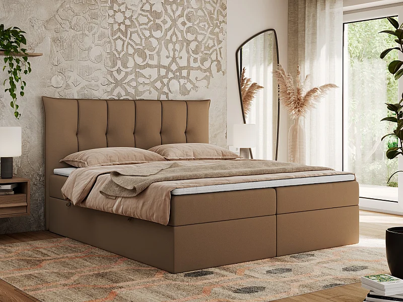 Boxspringbett PREMIUM 10 mit Multipocket-Matratze, gesteppte Kopfstütze, zwei Bettkästen - 120x200 cm - H3 - Braun Kunstleder