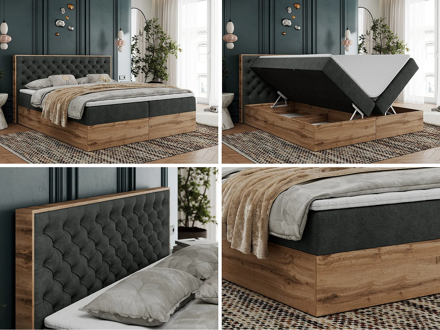 Boxspringbett ALBERO 3 - gesteppte Kopfstütze, Eiche Wotan Holzrahmen, Stauraum - 180x200 cm - H3 - Dunkelgrau Strukture