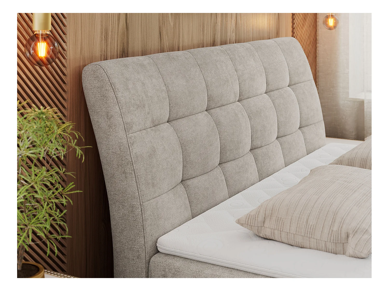 Boxspringbett DIEGOS mit Stauraum, gestepptem Kopfteil, Multipocket-Matratze - 160x200 cm - H3 - Beige Strukture