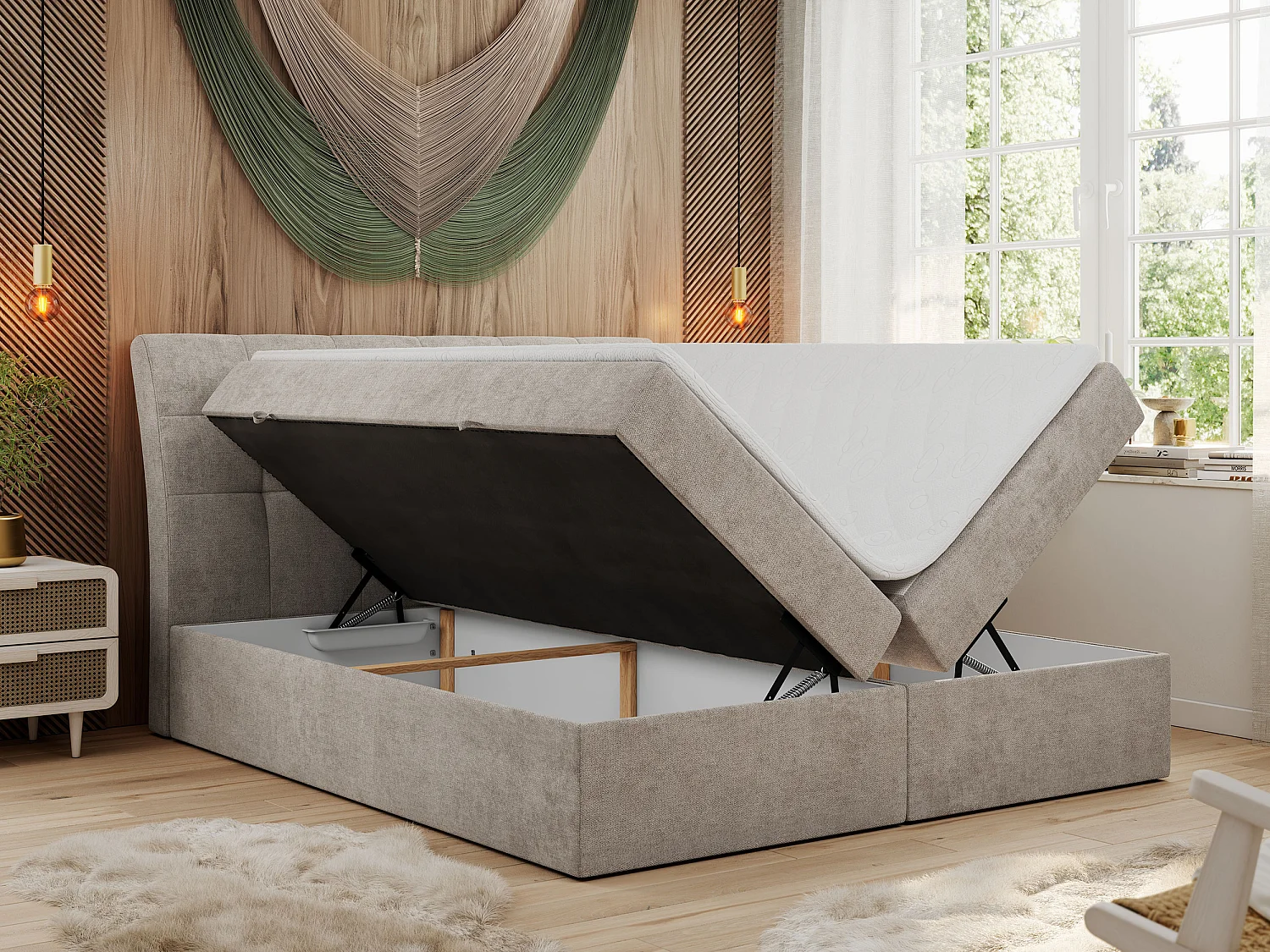 Boxspringbett DIEGOS mit Stauraum, gestepptem Kopfteil, Multipocket-Matratze - 160x200 cm - H3 - Beige Strukture