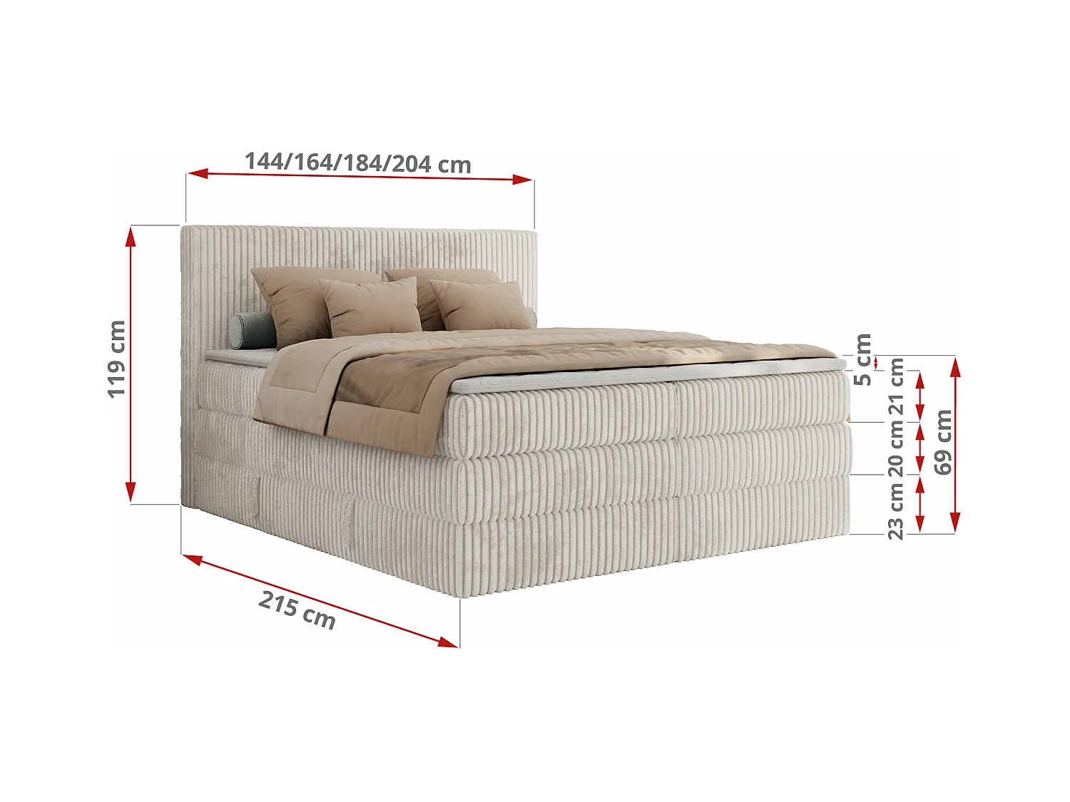 Boxspringbett TILIANO KING, Multipocket-Matratze, Cord Bett, Kopfteil und zwei Bettkästen - 140x200 cm - H3 - Beige Cord