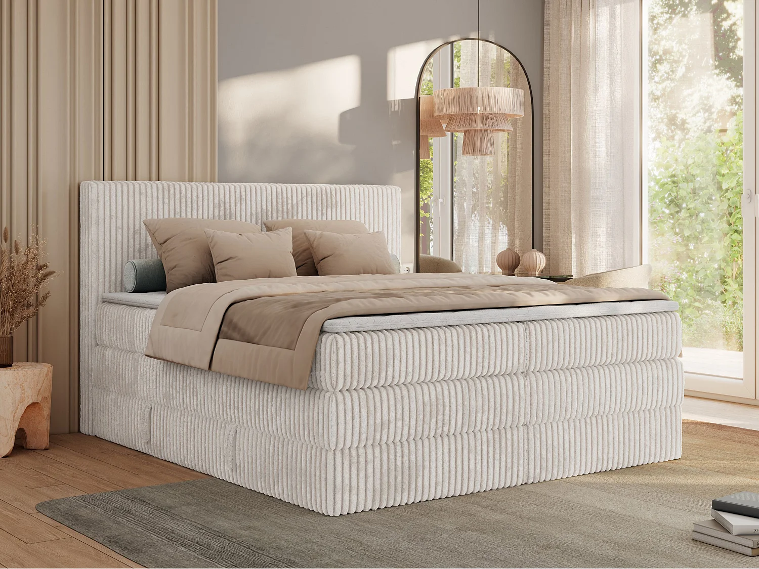 Boxspringbett TILIANO KING, Multipocket-Matratze, Cord Bett, Kopfteil und zwei Bettkästen - 140x200 cm - H3 - Beige Cord