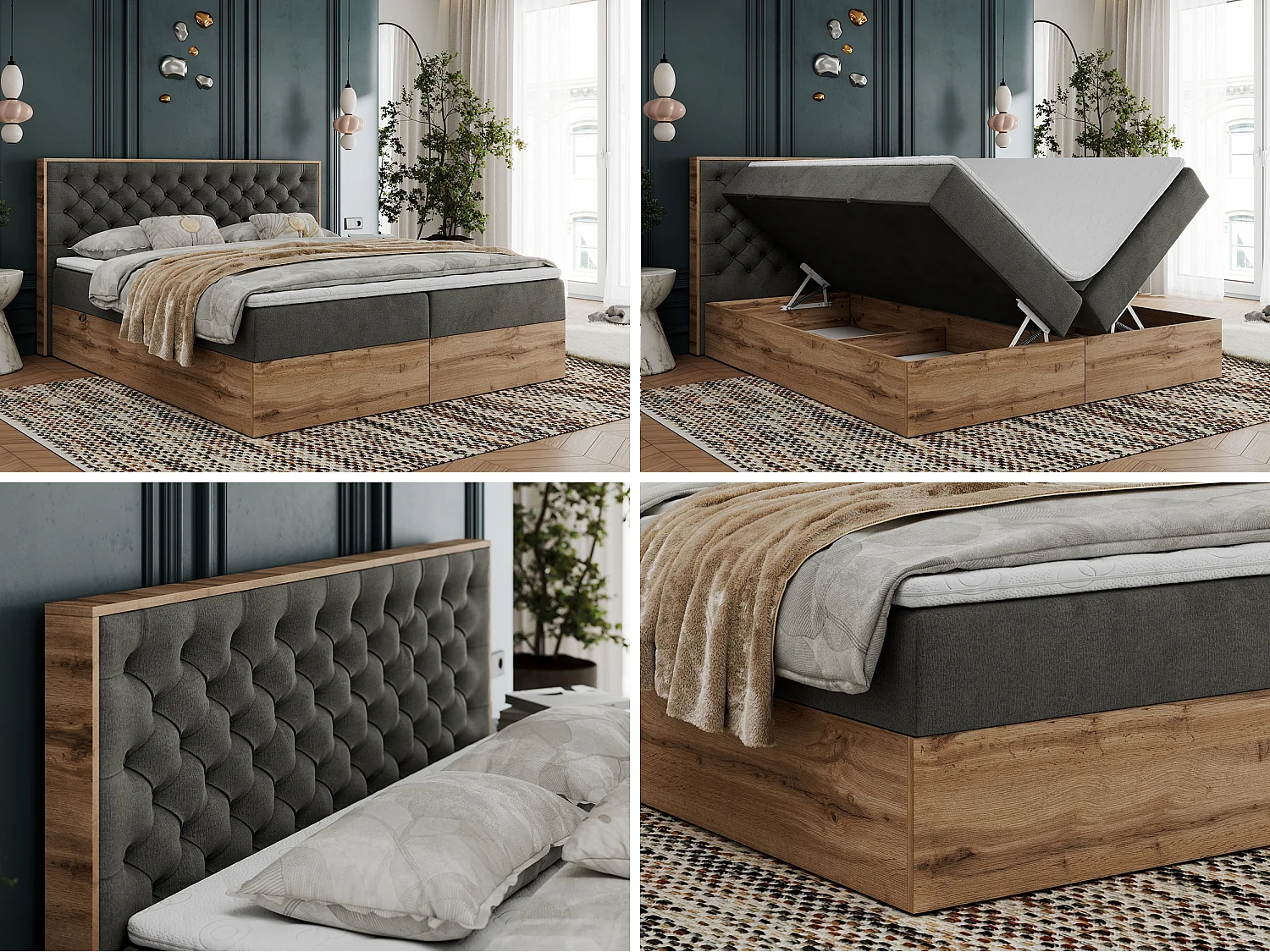 Boxspringbett ALBERO 3 - gesteppte Kopfstütze, Eiche Wotan Holzrahmen, Stauraum - 160x200 cm - H4 - Dunkelgrau Velvet