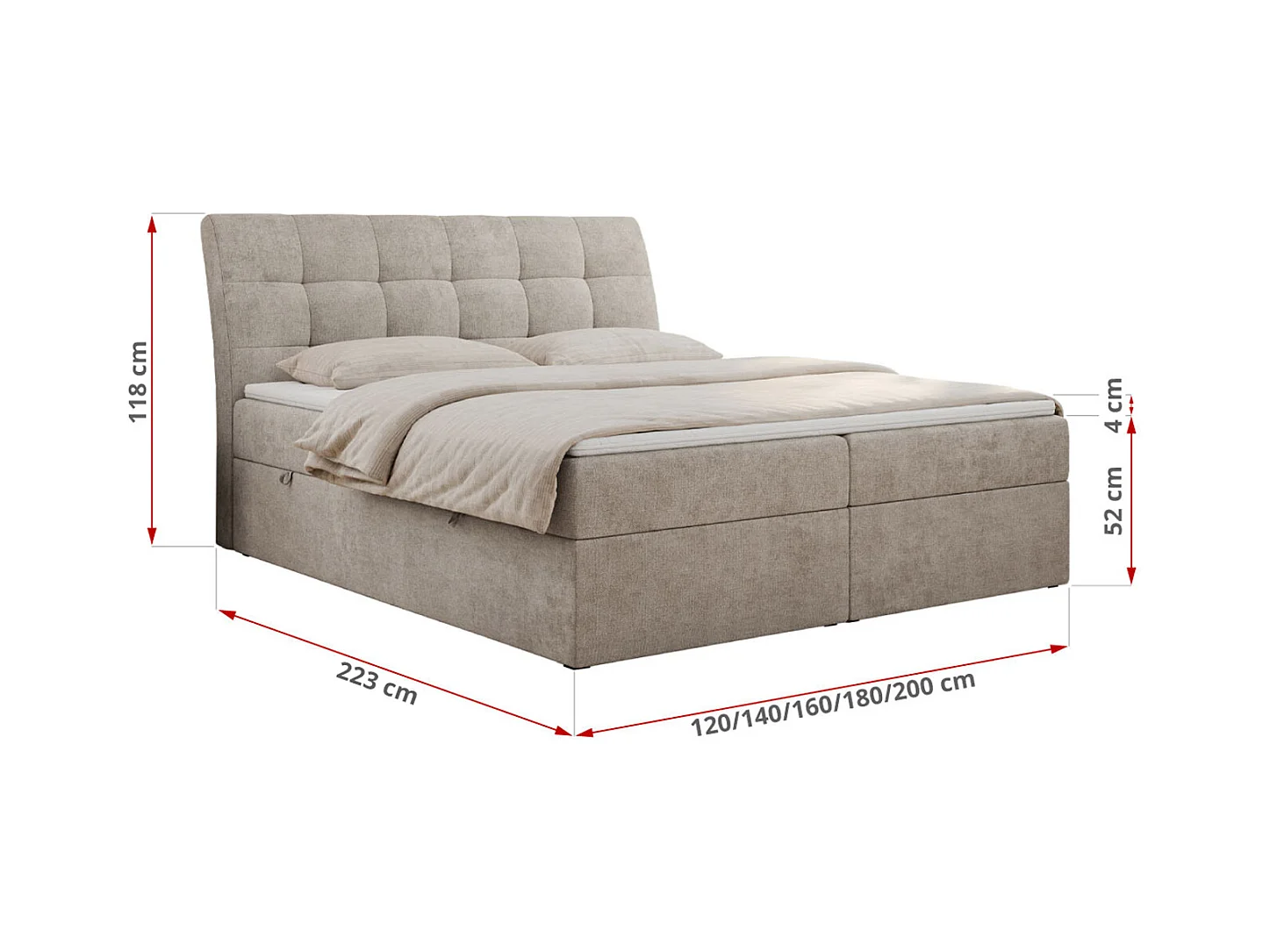 Boxspringbett DIEGOS mit Stauraum, gestepptem Kopfteil, Multipocket-Matratze - 200x200 cm - H3 - Beige Strukture