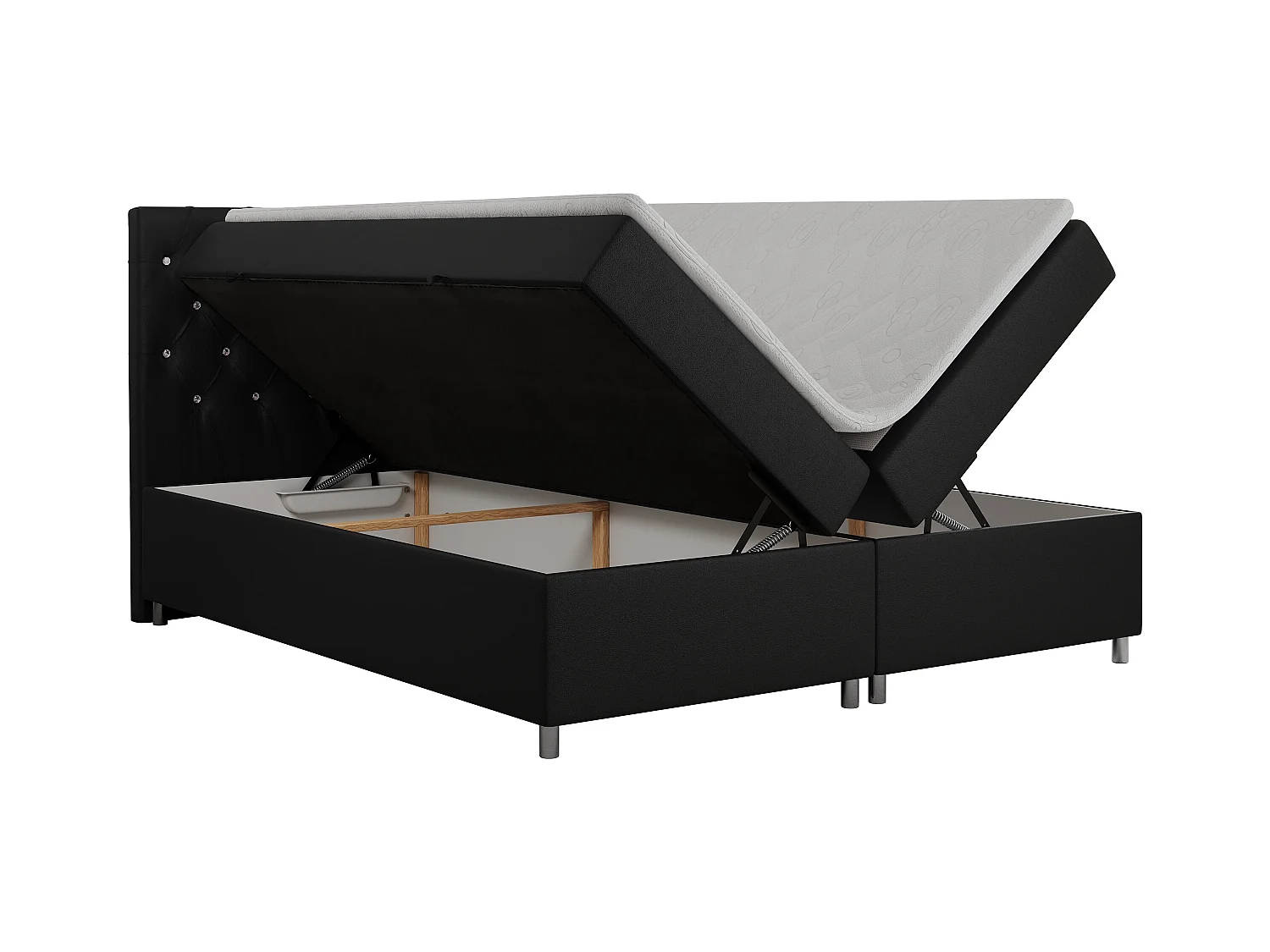 Boxspringbett ROMA mit gestepptem Kopfteil, Multipocket-Matratze, dekorative Füße - 180x200 cm - H4 - Schwarz Kunstleder