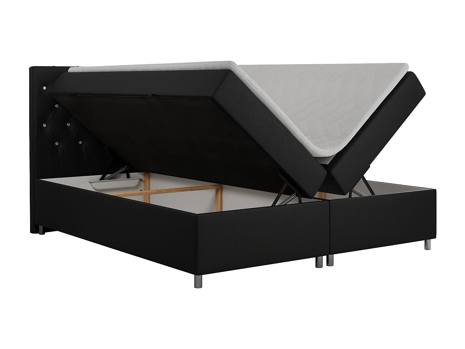 Boxspringbett ROMA mit gestepptem Kopfteil, Multipocket-Matratze, dekorative Füße - 180x200 cm - H4 - Schwarz Kunstleder