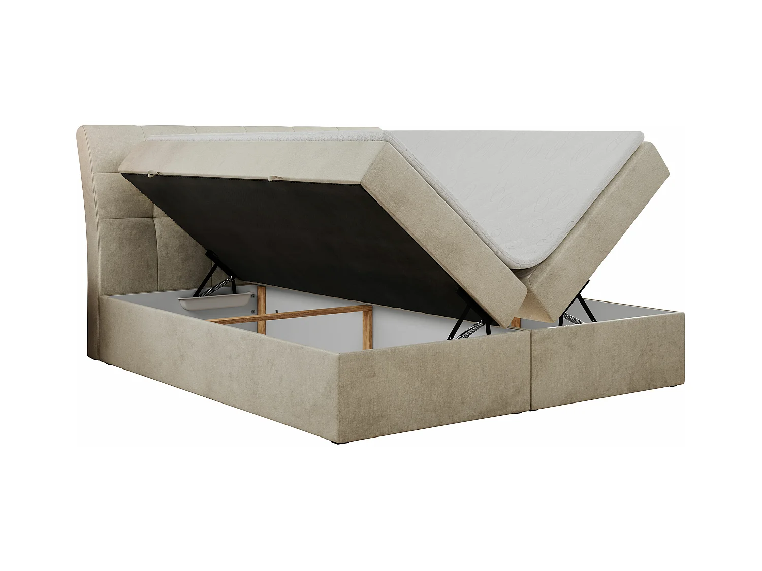 Boxspringbett DIEGOS mit Stauraum, gestepptem Kopfteil, Multipocket-Matratze - 180x200 cm - H4 - Beige Velvet