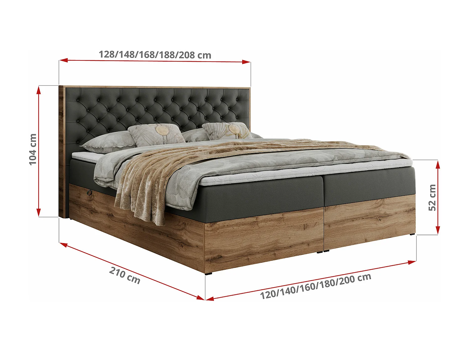 Boxspringbett ALBERO 3 - gesteppte Kopfstütze, Eiche Wotan Holzrahmen, Stauraum - 200x200 cm - H3 - Dunkelgrau Kunstleder