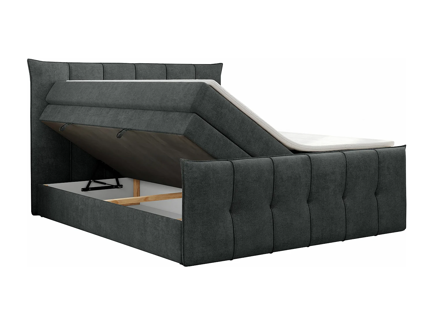 Boxspringbett PREMIUM 11 KING mit Stauraum, gestepptes Kopfteil, zwei Multipocket-Matratzen - 200x200 cm - H4 - Dunkelgrau Strukture
