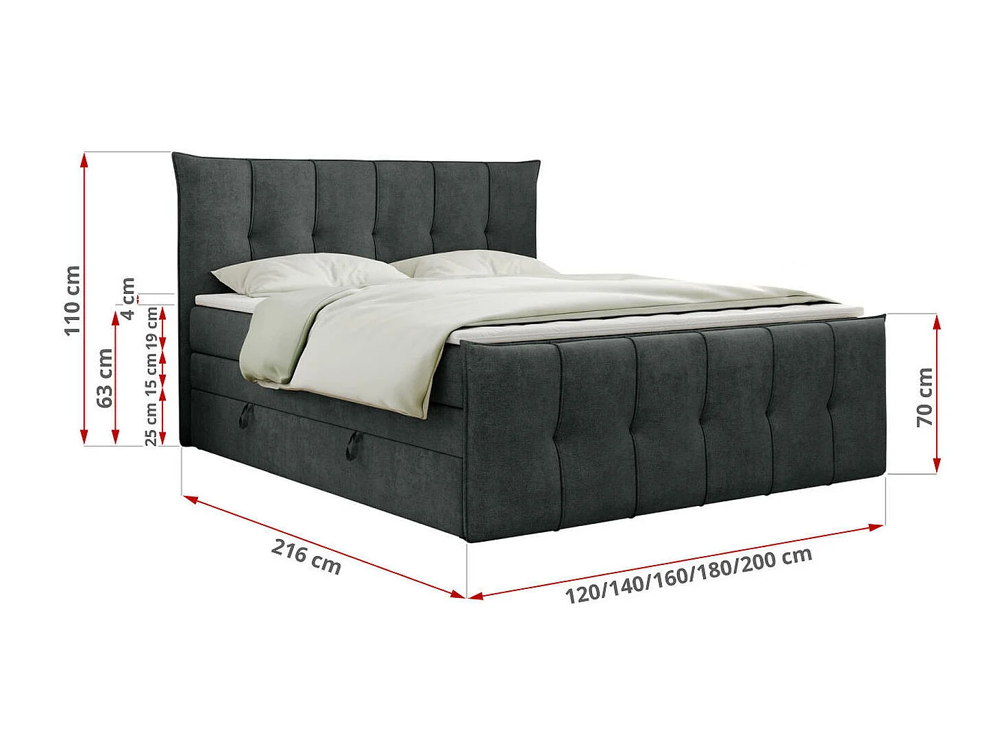 Boxspringbett PREMIUM 11 KING mit Stauraum, gestepptes Kopfteil, zwei Multipocket-Matratzen - 200x200 cm - H4 - Dunkelgrau Strukture