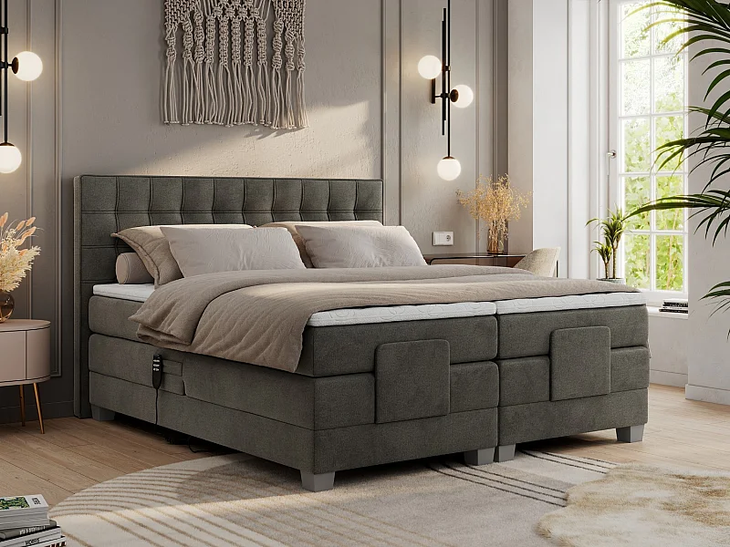 Boxspringbett ELEKTRO mit Multipocket-Matratze, Elektrisch verstellbare, genähtes Kopfteil - 140x200 cm - H4 - Dunkelgrau Velvet