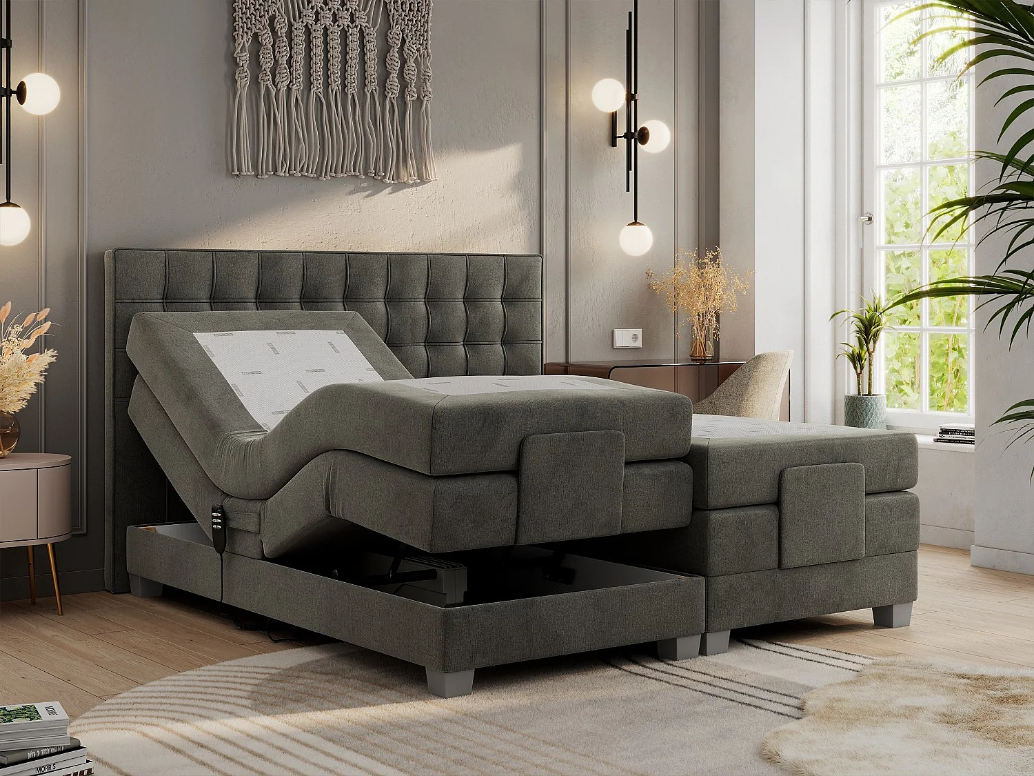 Boxspringbett ELEKTRO mit Multipocket-Matratze, Elektrisch verstellbare, genähtes Kopfteil - 140x200 cm - H4 - Dunkelgrau Velvet