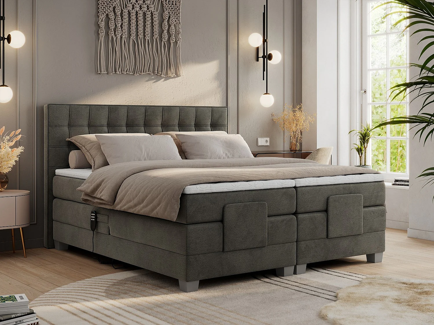 Boxspringbett ELEKTRO mit Multipocket-Matratze, Elektrisch verstellbare, genähtes Kopfteil - 140x200 cm - H4 - Dunkelgrau Velvet