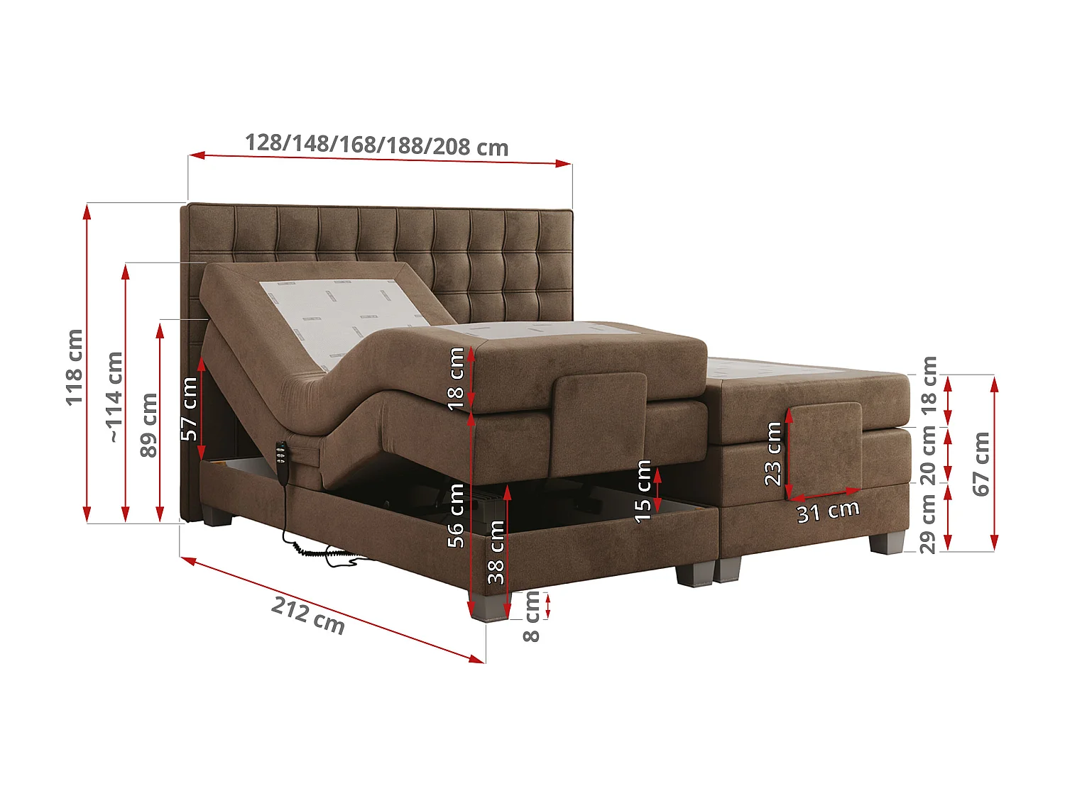 Boxspringbett ELEKTRO mit Multipocket-Matratze, Elektrisch verstellbare, genähtes Kopfteil - 140x200 cm - H4 - Dunkelgrau Velvet