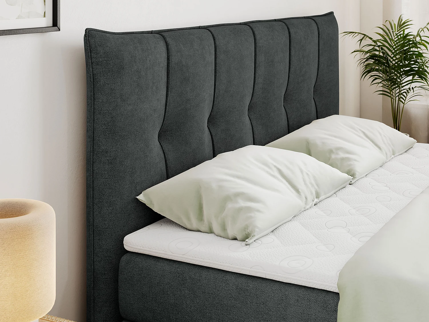 Boxspringbett PREMIUM 11 KING mit Stauraum, gestepptes Kopfteil, zwei Multipocket-Matratzen - 180x200 cm - H4 - Dunkelgrau Strukture