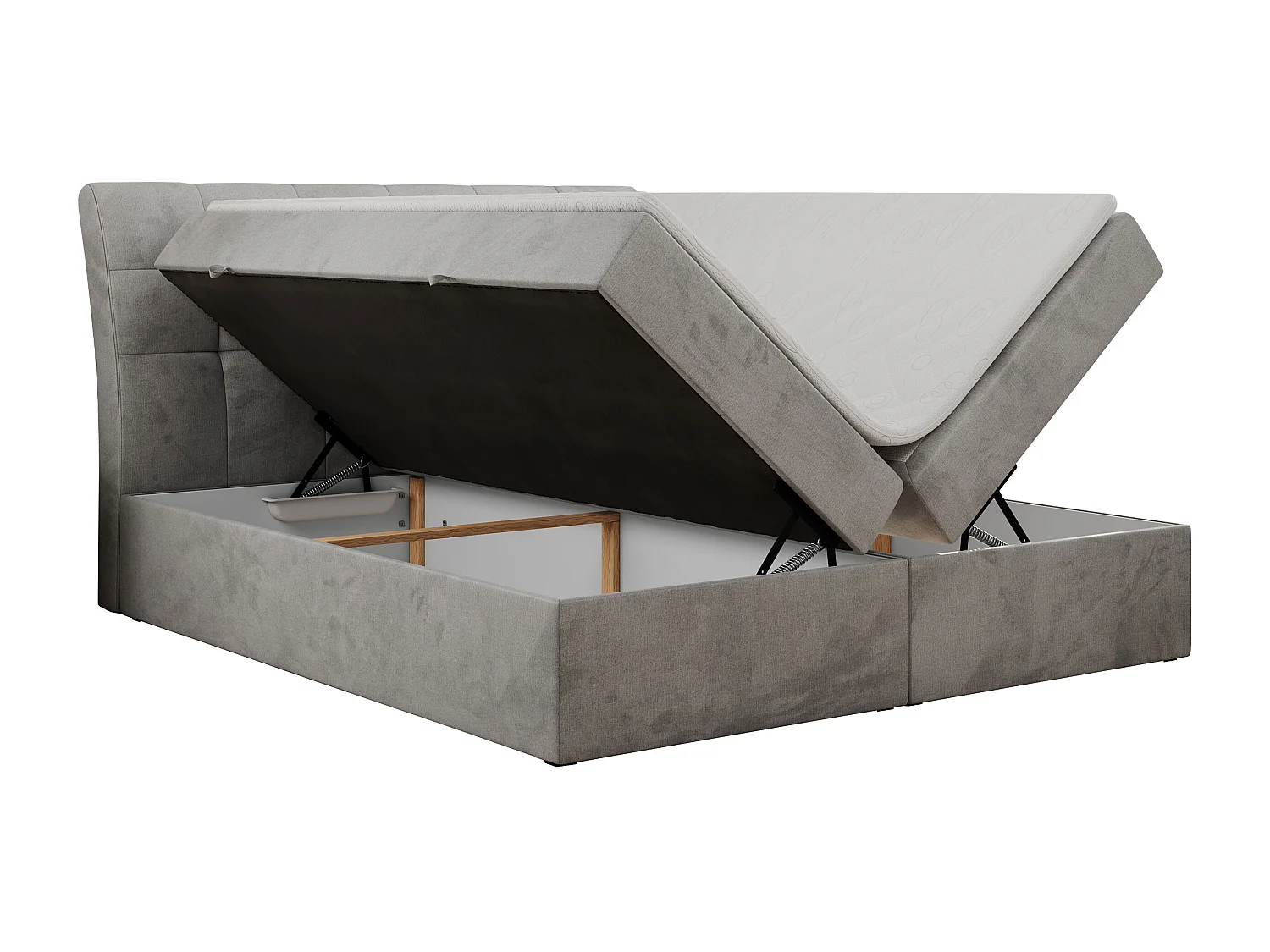 Boxspringbett DIEGOS mit Stauraum, gestepptem Kopfteil, Multipocket-Matratze - 180x200 cm - H3 - Hellgrau Velvet