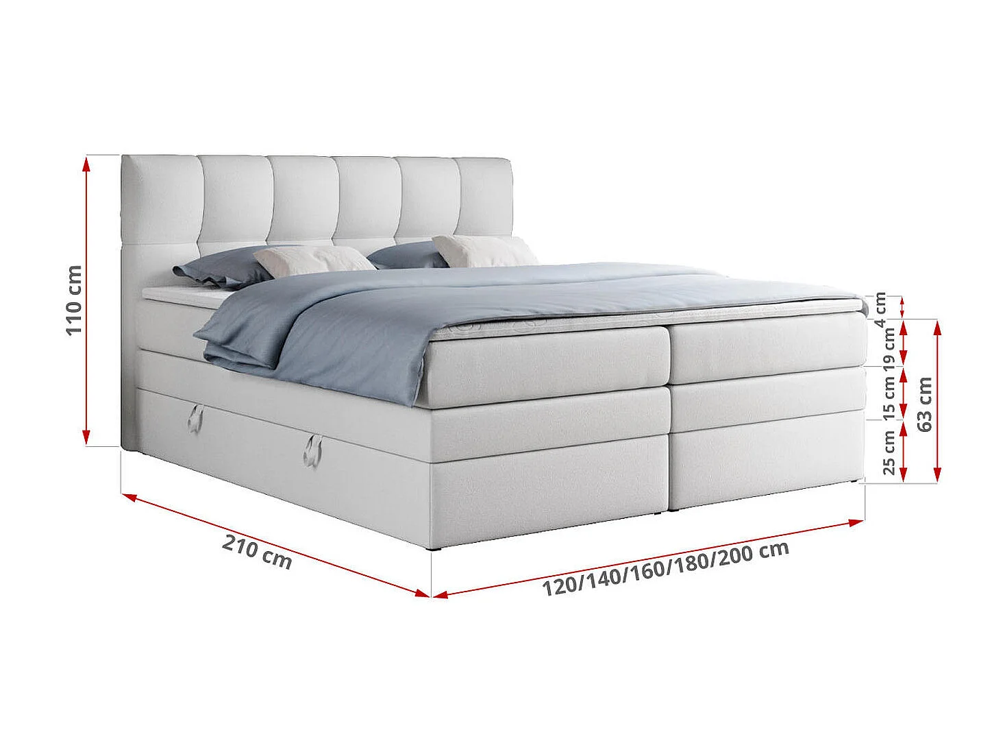 Boxspringbett ALVIN KING, mit zwei Multipocket-Matratzen, Bettkästen, genähtes Kopfteil - 160x200 cm - H4 - Weiß Kunstleder