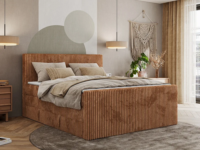 Boxspringbett TILIANO KING DUO, mit zwei Bettkästen, Cord Bett Multipocket-Matratze - 180x200 cm - H3 - Orange Cord
