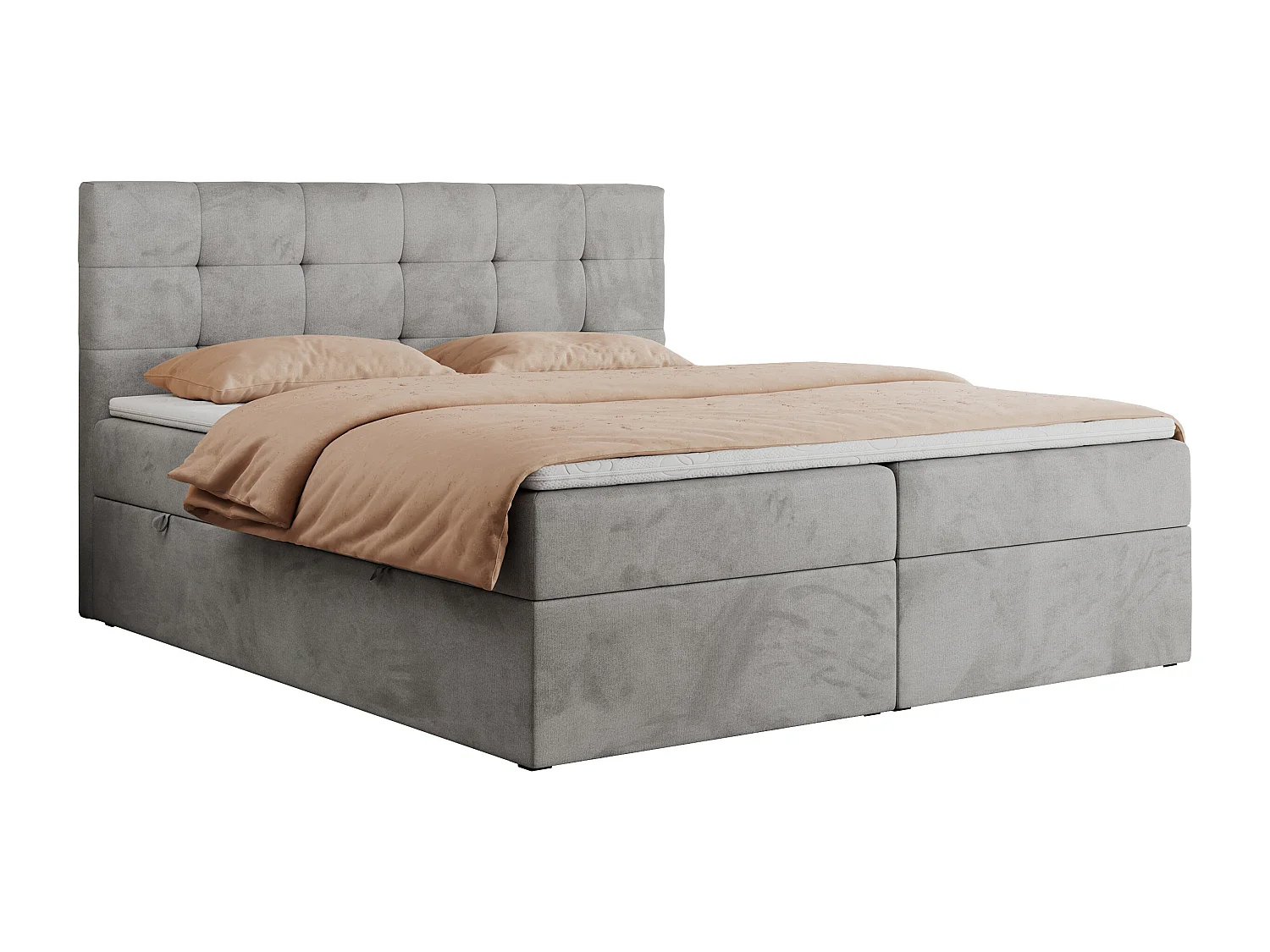 Boxspringbett CENTOS mit gestepptem Kopfteil, Multipocket-Matratze, Doppelbett mit Stauraum - 200x200 cm - H3 - Hellgrau Velvet