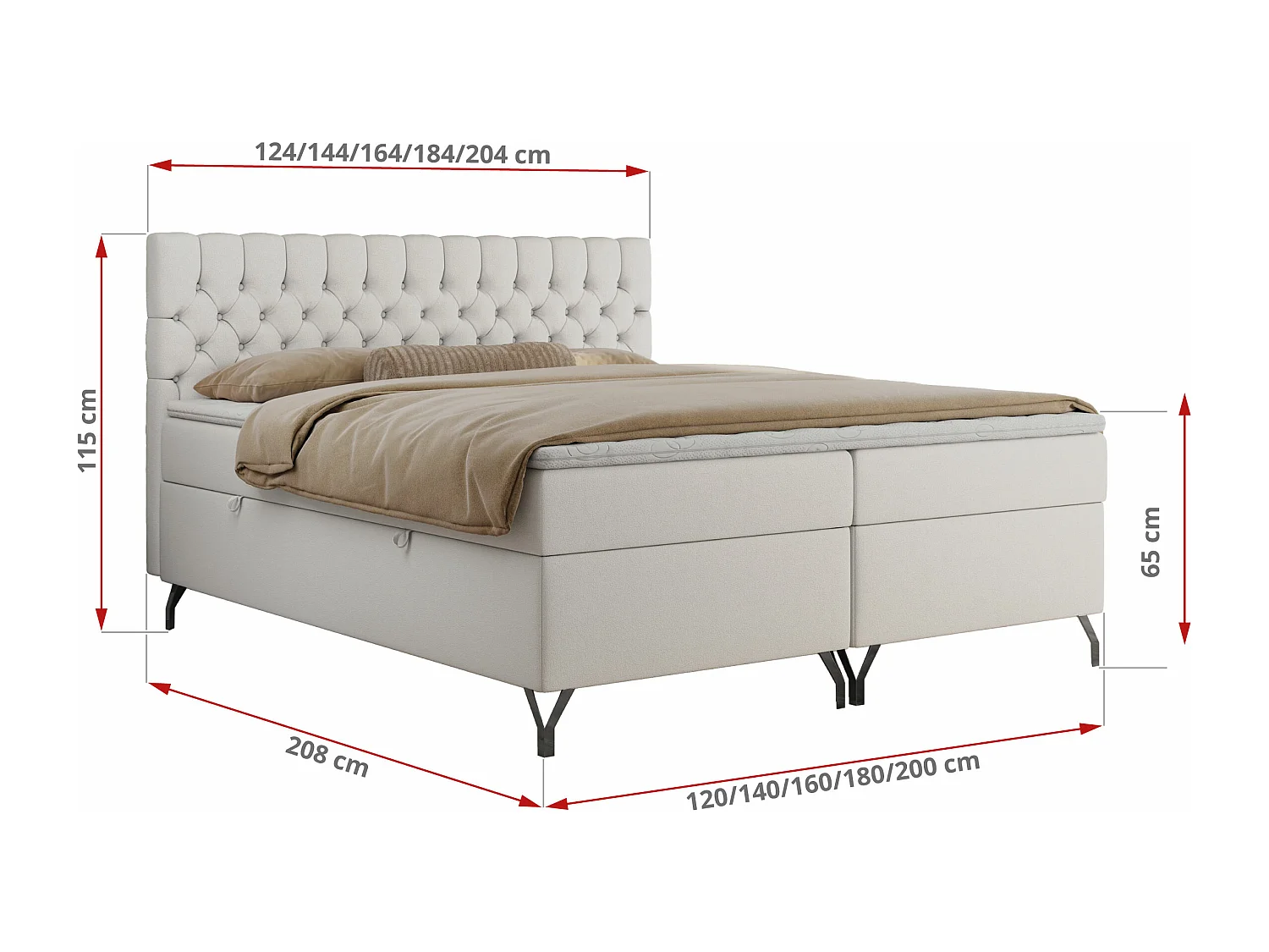 Boxspringbett GRIMALDI mit zwei Bettkästen, gesteppter Kopfstütze, Metallfüßen - 200x200 cm - H3 - Weiß Kunstleder