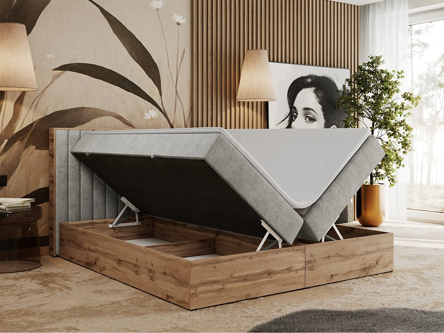 Boxspringbett ALBERO 4, Eiche Wotan Holzrahmen, mit Stauraum, genähtes Kopfteil - 120x200 cm - H3 - Hellgrau Strukture