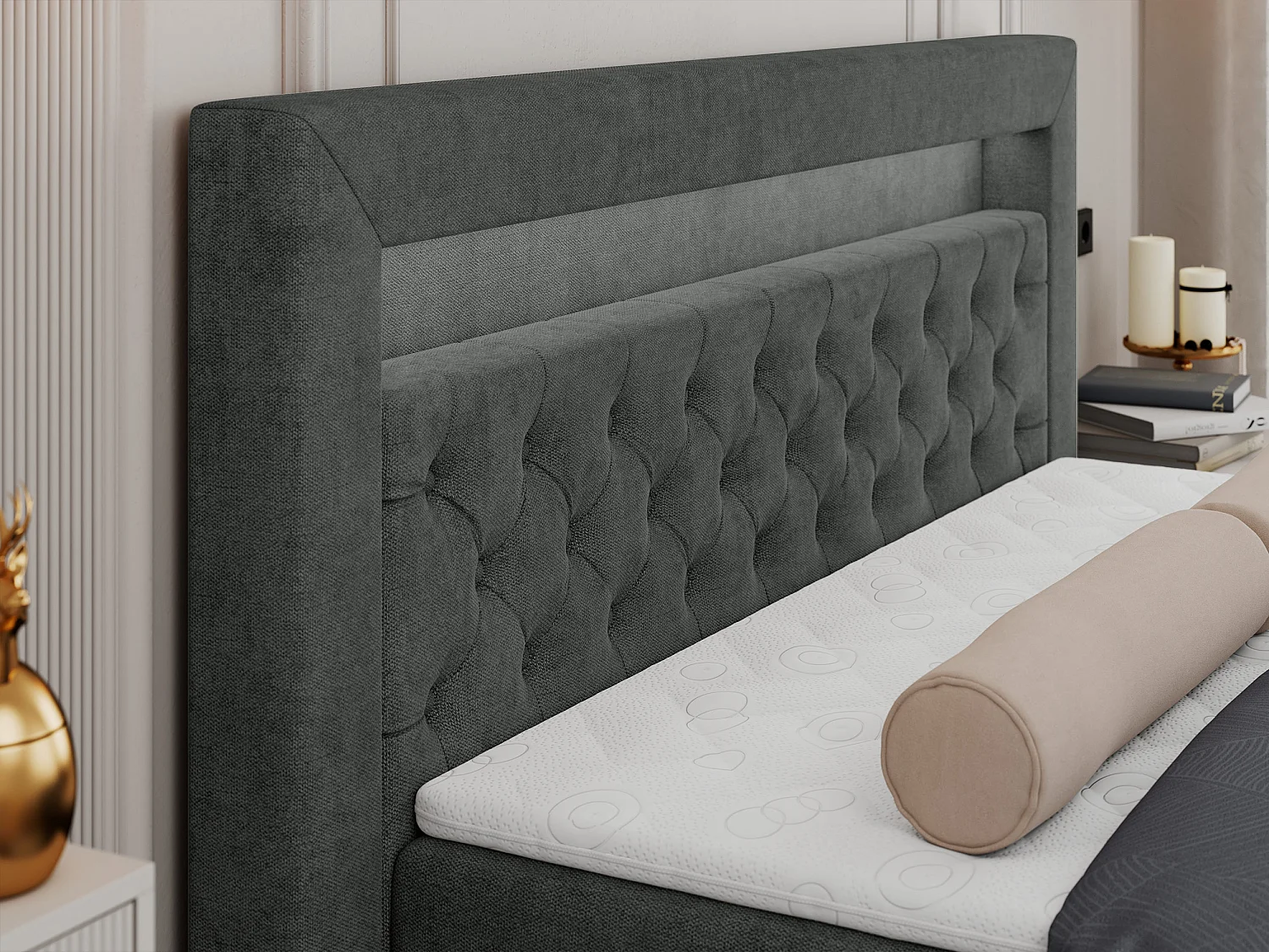 Boxspringbett GOLD 6, Doppelbett mit Stauraum, LED-Beleuchtung, gesteppte Kopfstütze - 160x200 cm - H3 - Dunkelgrau Strukture