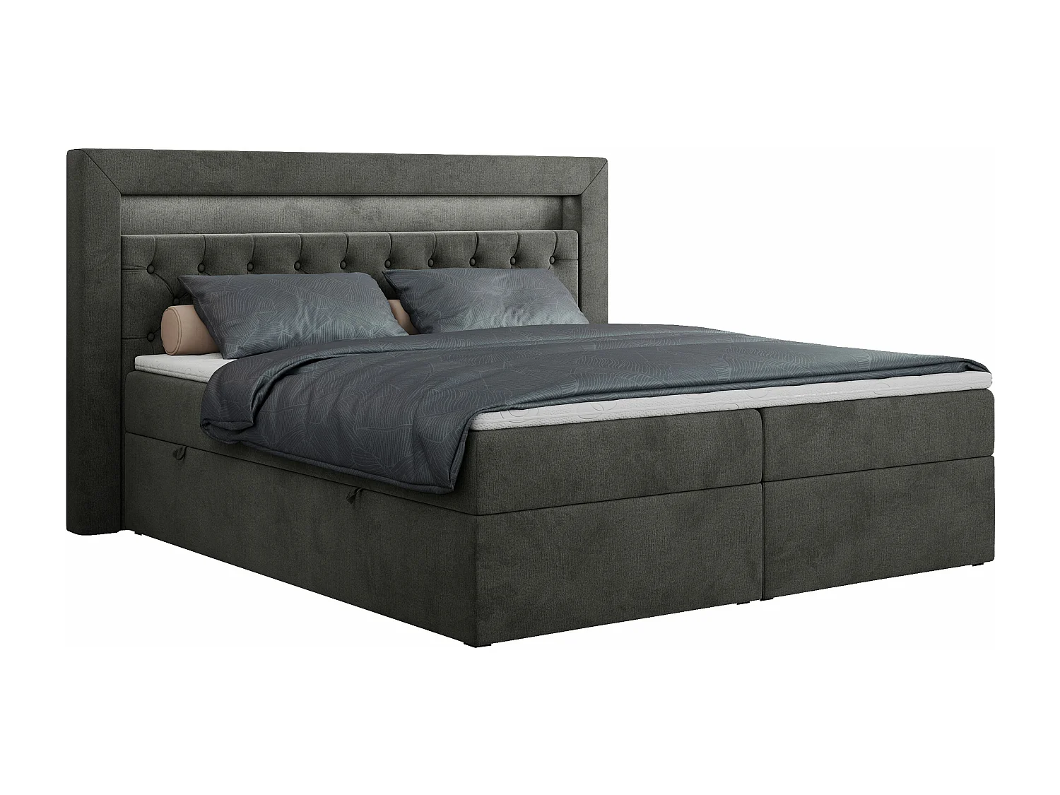 Boxspringbett GOLD 6, Doppelbett mit Stauraum, LED-Beleuchtung, gesteppte Kopfstütze - 200x200 cm - H3 - Dunkelgrau Velvet