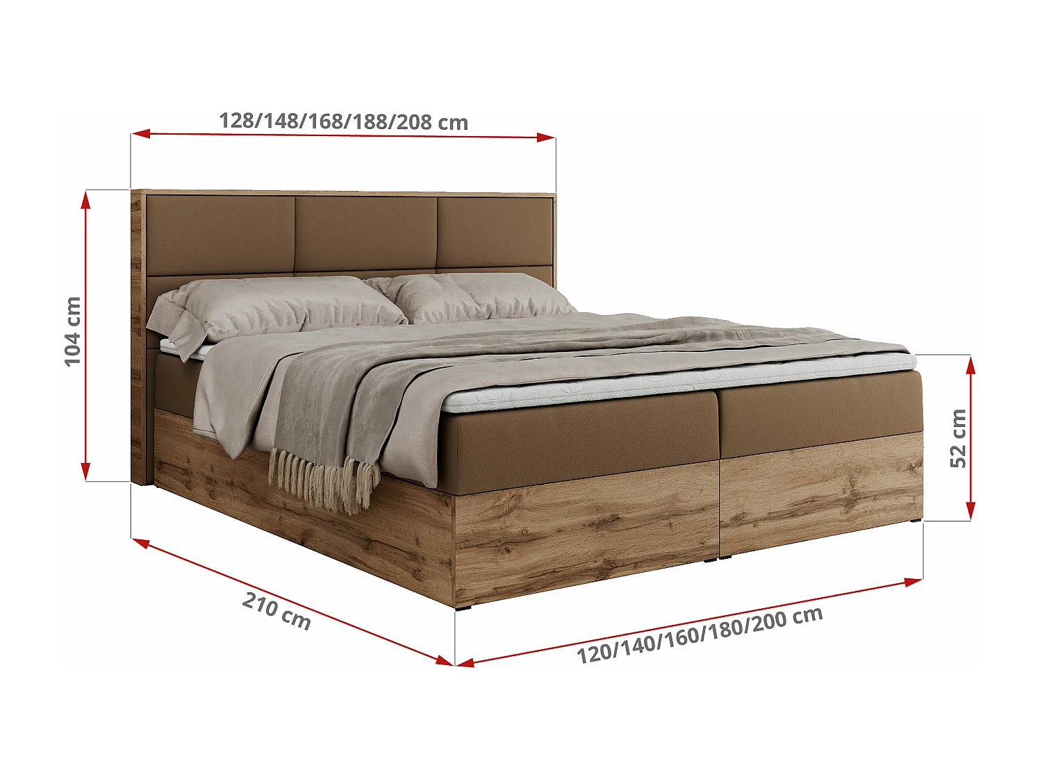 Boxspringbett ALBERO 2 mit Topper und Multipocket-Matratze, Stauraum, Holzrahmen - 120x200 cm - H4 - Braun Kunstleder