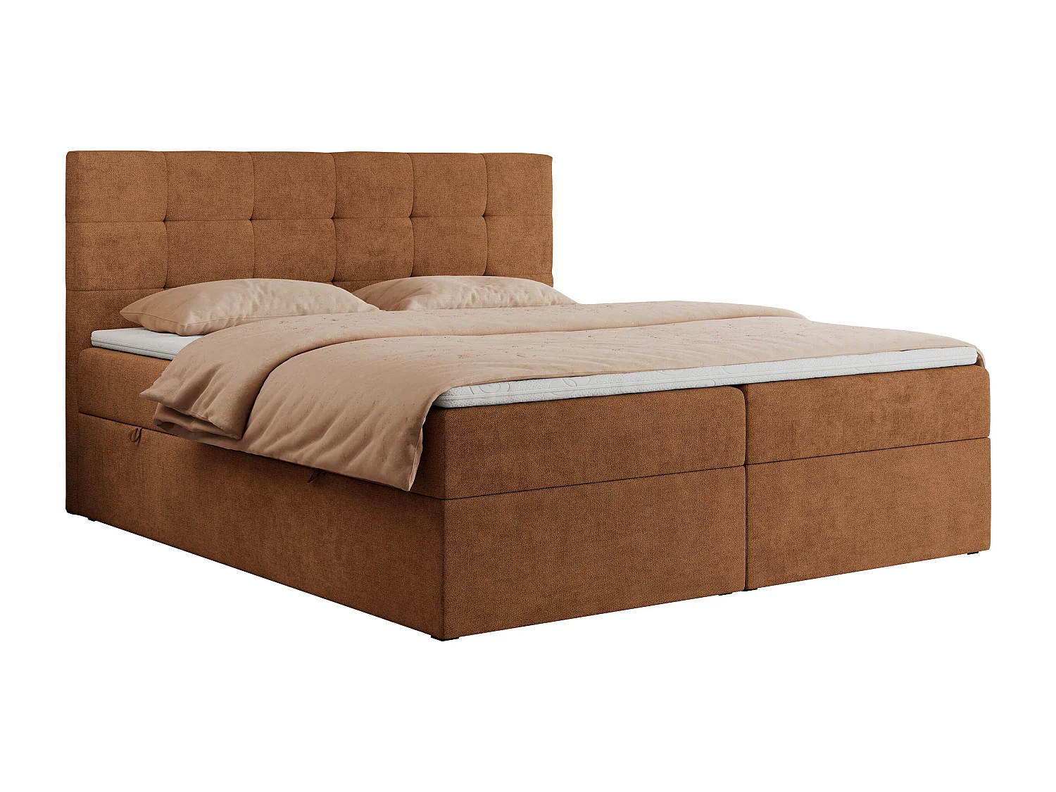 Boxspringbett CENTOS mit gestepptem Kopfteil, Multipocket-Matratze, Doppelbett mit Stauraum - 200x200 cm - H4 - Orange Struktur