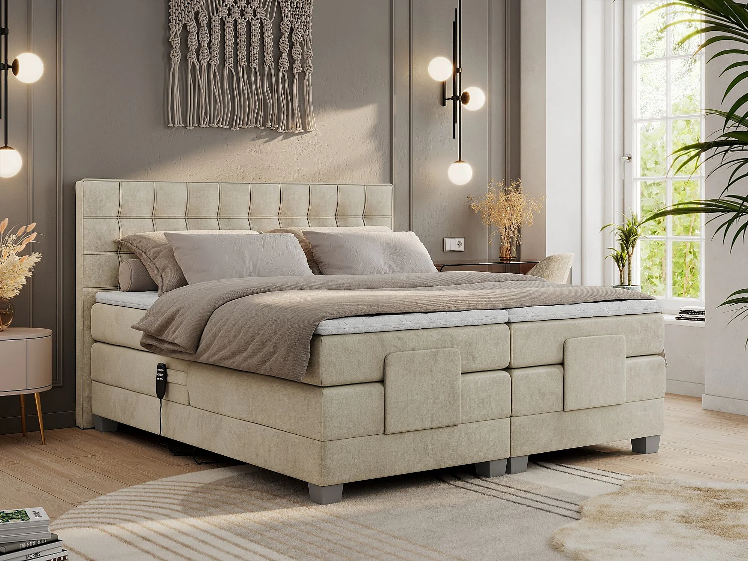 Boxspringbett ELEKTRO mit Multipocket-Matratze, Elektrisch verstellbare, genähtes Kopfteil - 200x200 cm - H4 - Beige Velvet