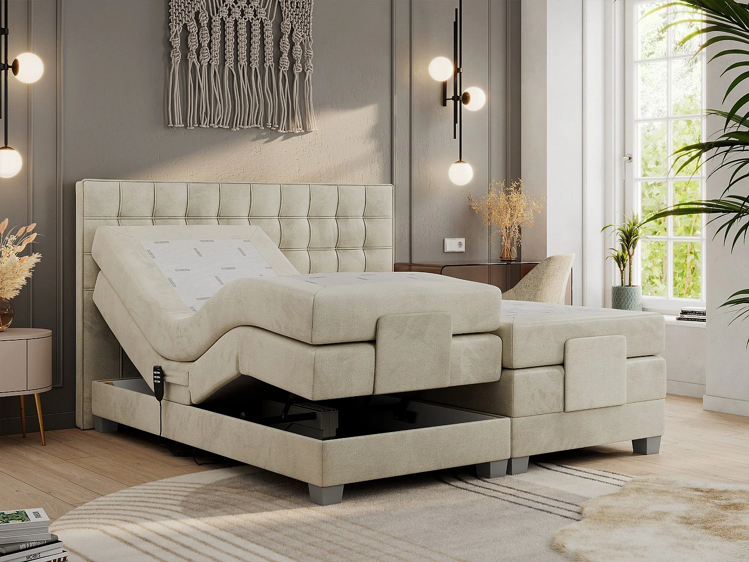 Boxspringbett ELEKTRO mit Multipocket-Matratze, Elektrisch verstellbare, genähtes Kopfteil - 200x200 cm - H4 - Beige Velvet