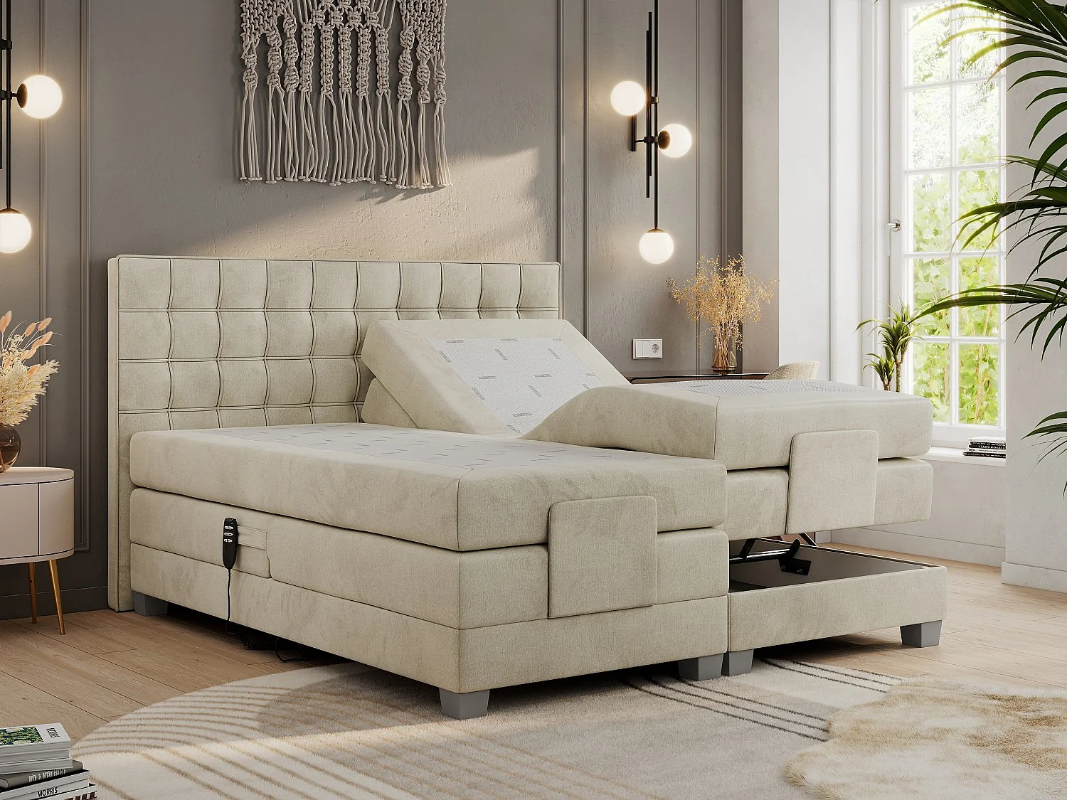 Boxspringbett ELEKTRO mit Multipocket-Matratze, Elektrisch verstellbare, genähtes Kopfteil - 200x200 cm - H4 - Beige Velvet