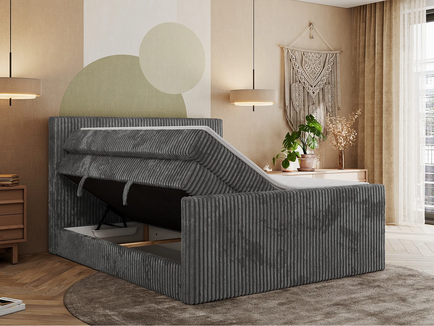 Boxspringbett TILIANO KING DUO, mit zwei Bettkästen, Cord Bett Multipocket-Matratze - 180x200 cm - H3 - Grau Cord