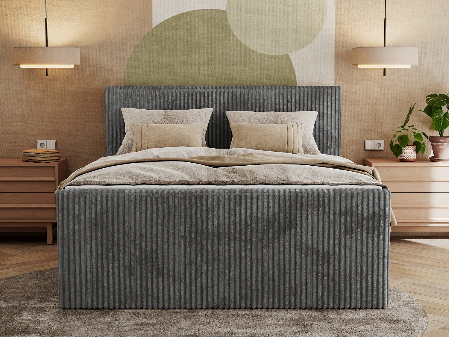 Boxspringbett TILIANO KING DUO, mit zwei Bettkästen, Cord Bett Multipocket-Matratze - 180x200 cm - H3 - Grau Cord