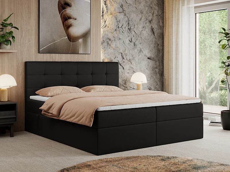 Boxspringbett CENTOS mit gestepptem Kopfteil, Multipocket-Matratze, Doppelbett mit Stauraum - 200x200 cm - H3 - Schwarz Kunstleder