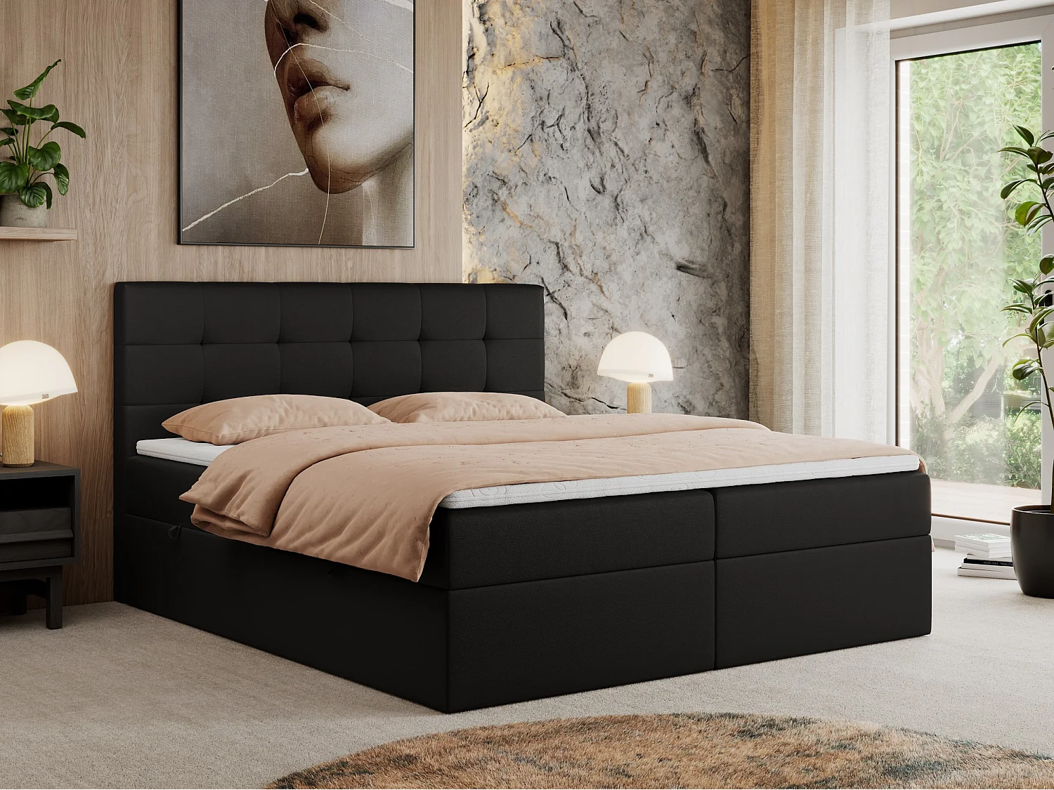 Boxspringbett CENTOS mit gestepptem Kopfteil, Multipocket-Matratze, Doppelbett mit Stauraum - 200x200 cm - H3 - Schwarz Kunstleder