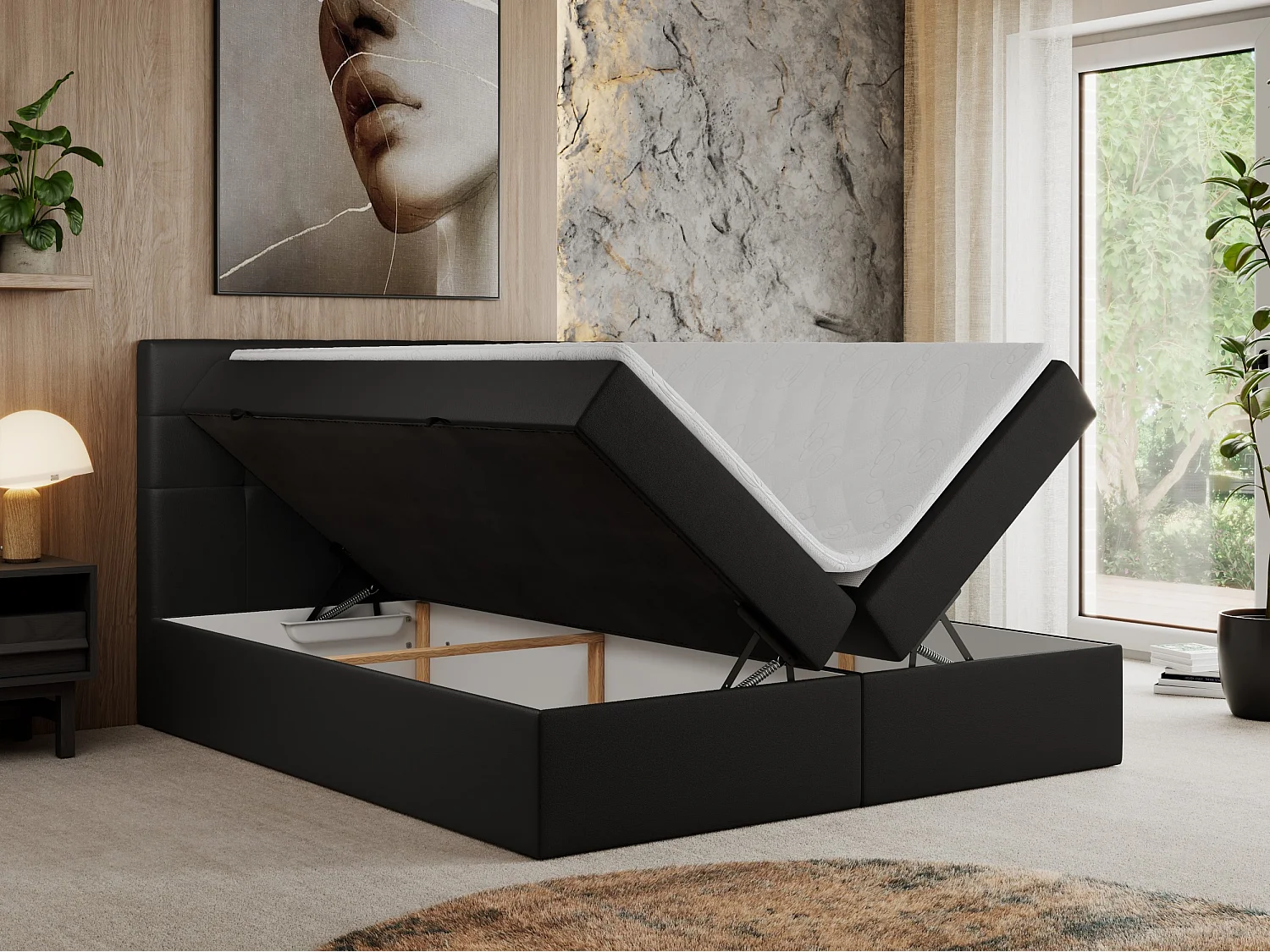 Boxspringbett CENTOS mit gestepptem Kopfteil, Multipocket-Matratze, Doppelbett mit Stauraum - 200x200 cm - H3 - Schwarz Kunstleder