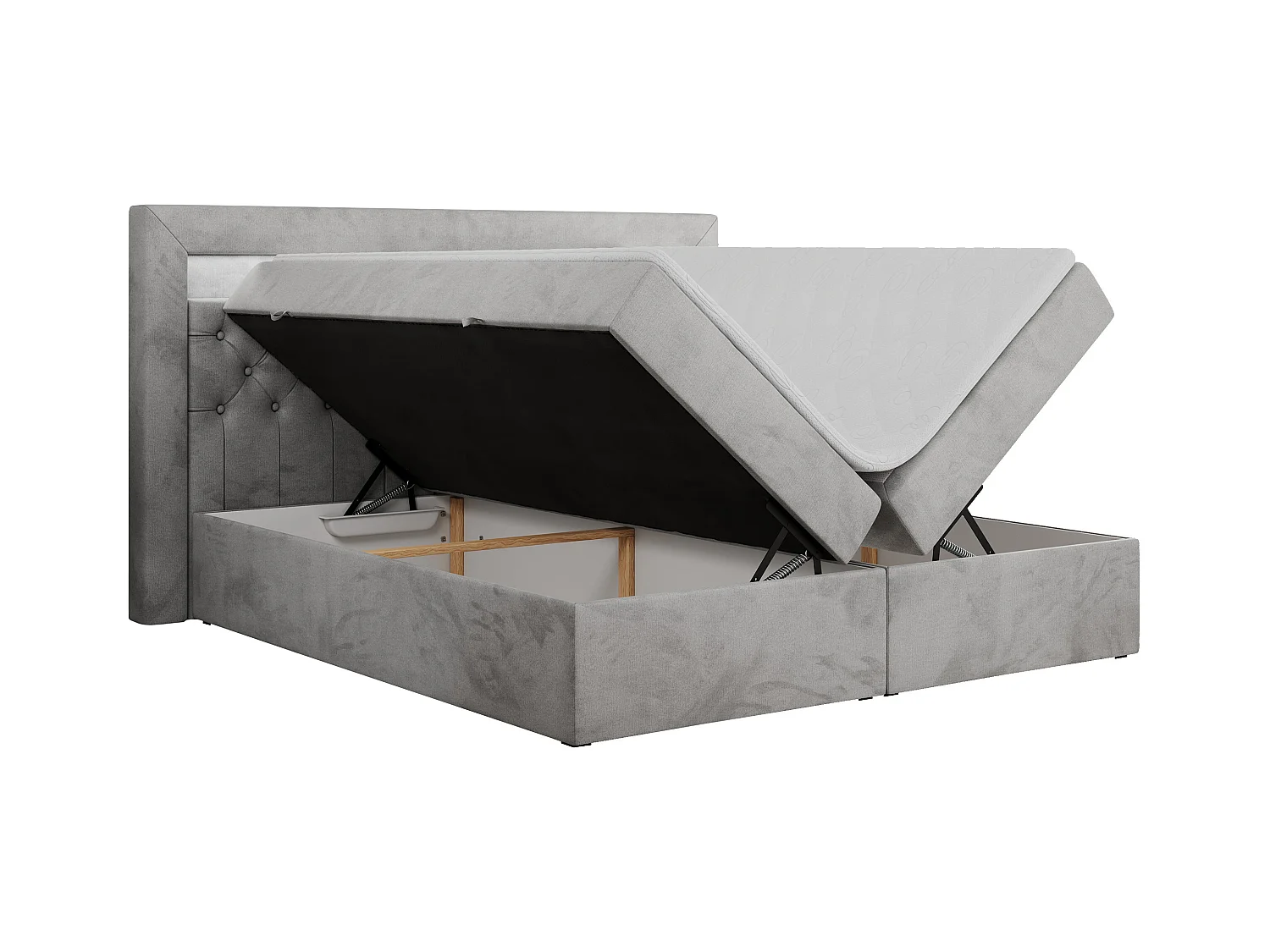 Boxspringbett GOLD 6, Doppelbett mit Stauraum, LED-Beleuchtung, gesteppte Kopfstütze - 160x200 cm - H4 - Hellgrau Velvet