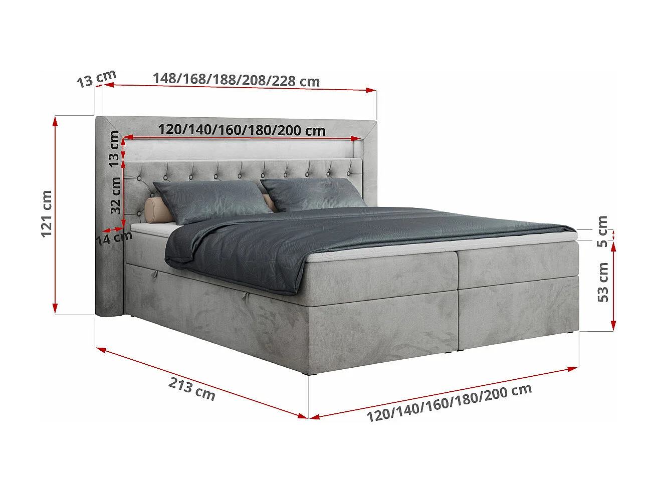 Boxspringbett GOLD 6, Doppelbett mit Stauraum, LED-Beleuchtung, gesteppte Kopfstütze - 160x200 cm - H4 - Hellgrau Velvet