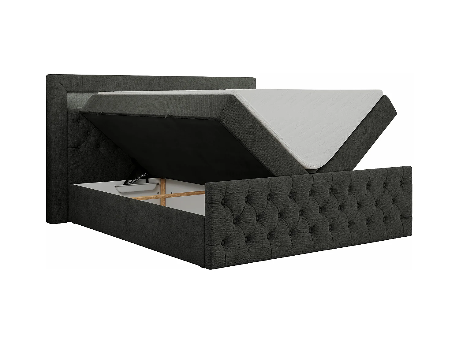 Boxspringbett GOLD 9 mit Stauraum, Multipocket-Matratze, gestepptes Bett, LED Beleuchtung - 120x200 cm - H3 - Dunkelgrau Strukture