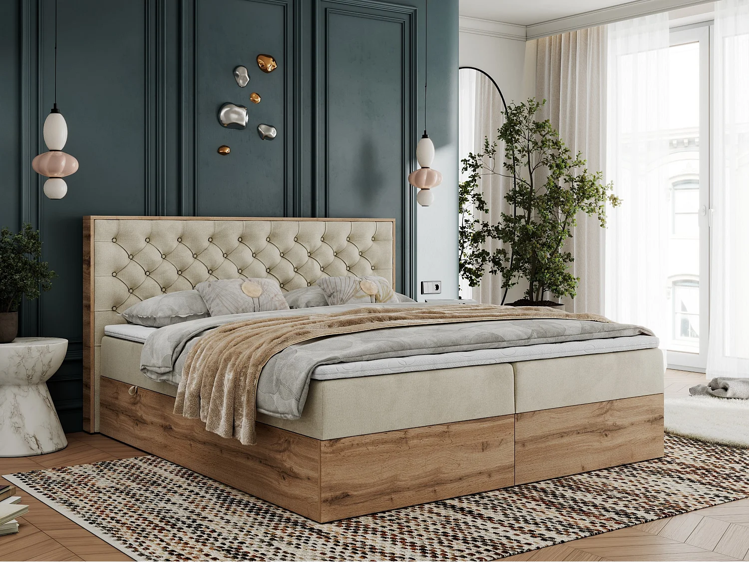 Boxspringbett ALBERO 3 - gesteppte Kopfstütze, Eiche Wotan Holzrahmen, Stauraum - 200x200 cm - H4 - Beige Velvet