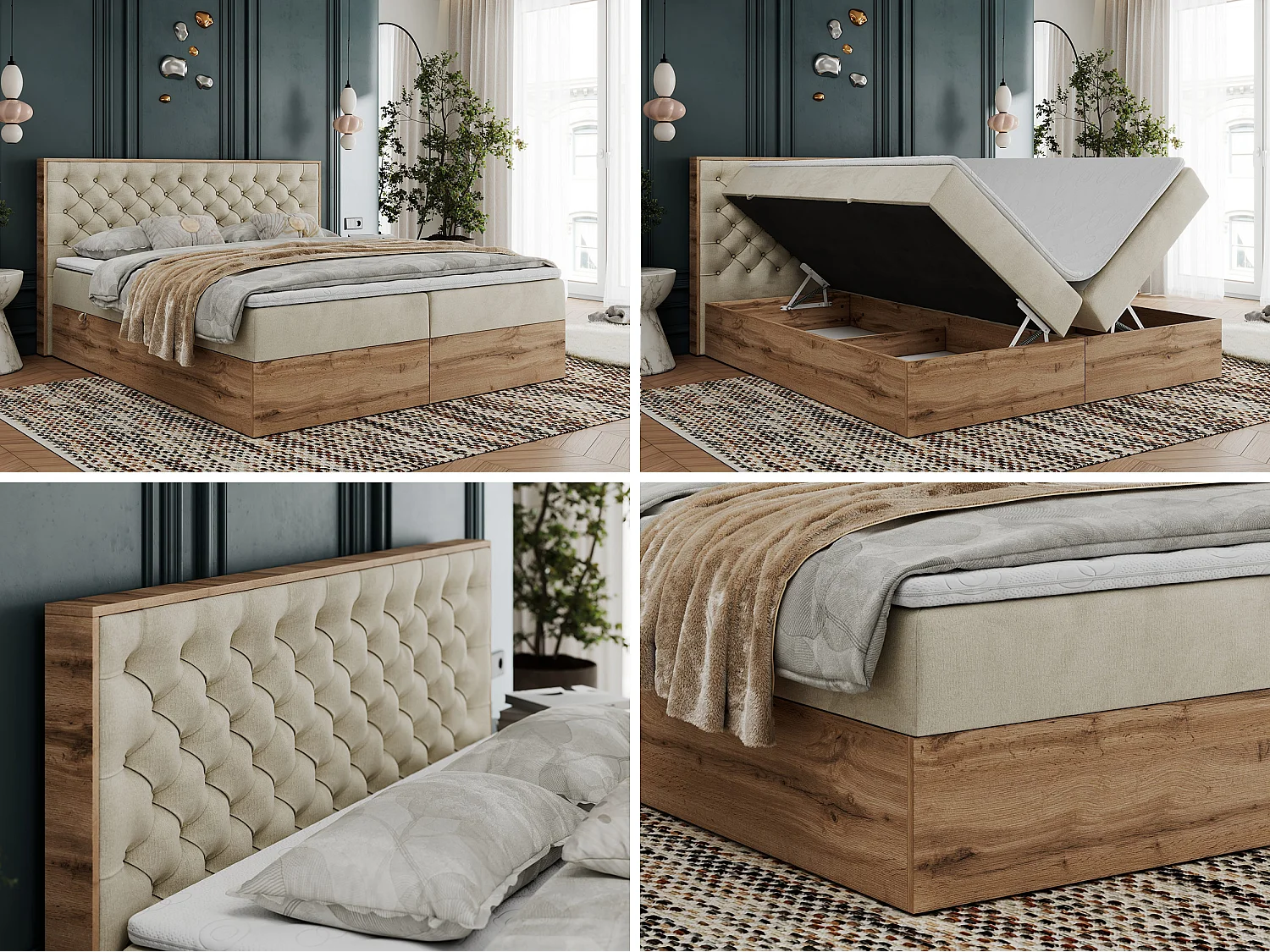 Boxspringbett ALBERO 3 - gesteppte Kopfstütze, Eiche Wotan Holzrahmen, Stauraum - 200x200 cm - H4 - Beige Velvet