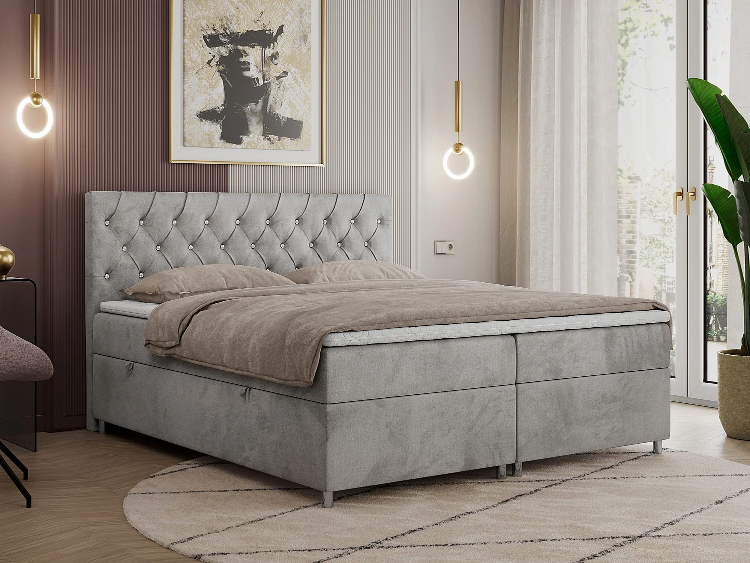 Boxspringbett ROMA mit gestepptem Kopfteil, Multipocket-Matratze, dekorative Füße - 200x200 cm - H4 - Hellgrau Velvet