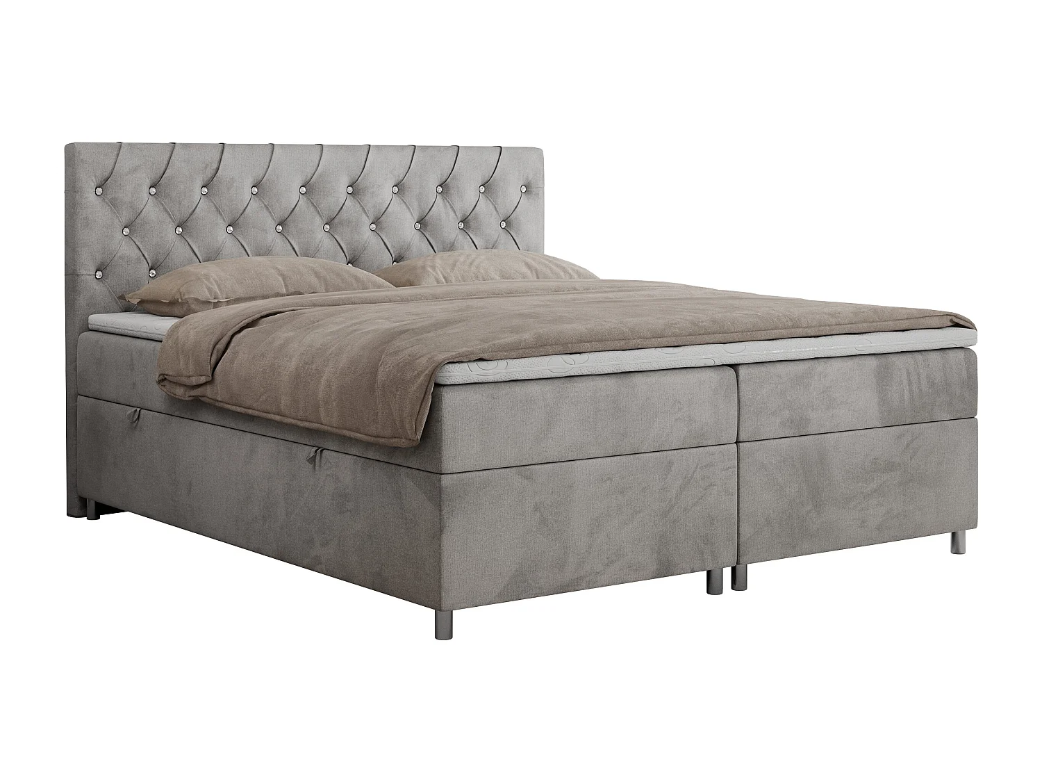 Boxspringbett ROMA mit gestepptem Kopfteil, Multipocket-Matratze, dekorative Füße - 200x200 cm - H4 - Hellgrau Velvet