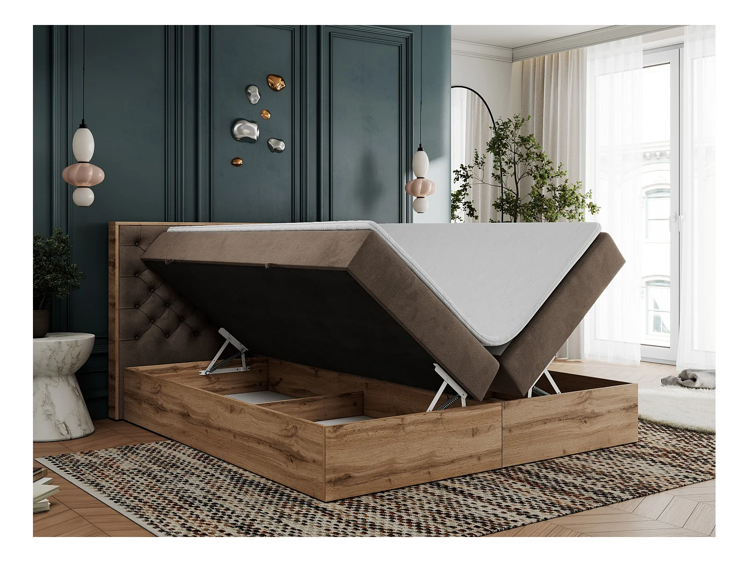 Boxspringbett ALBERO 3 - gesteppte Kopfstütze, Eiche Wotan Holzrahmen, Stauraum - 120x200 cm - H4 - Braun Velvet