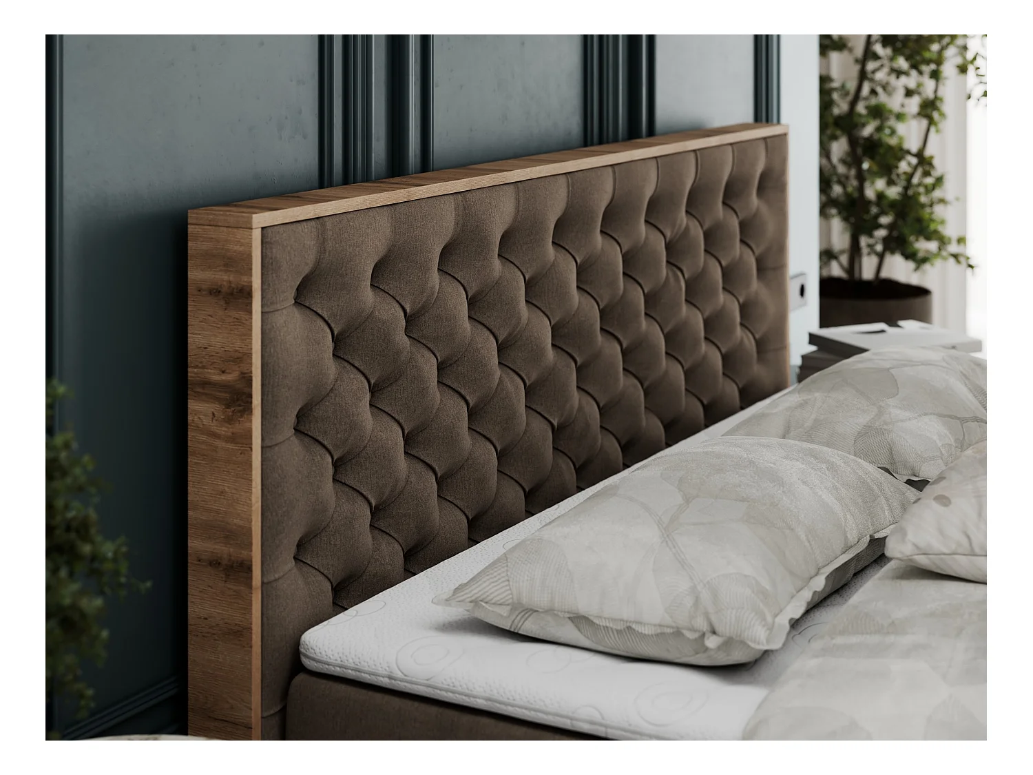Boxspringbett ALBERO 3 - gesteppte Kopfstütze, Eiche Wotan Holzrahmen, Stauraum - 120x200 cm - H4 - Braun Velvet