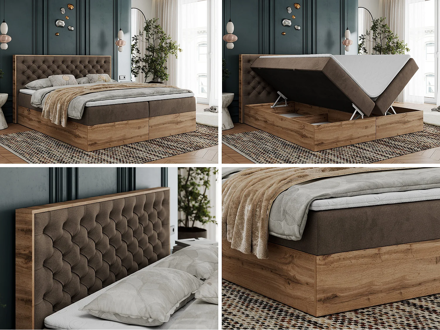 Boxspringbett ALBERO 3 - gesteppte Kopfstütze, Eiche Wotan Holzrahmen, Stauraum - 120x200 cm - H4 - Braun Velvet